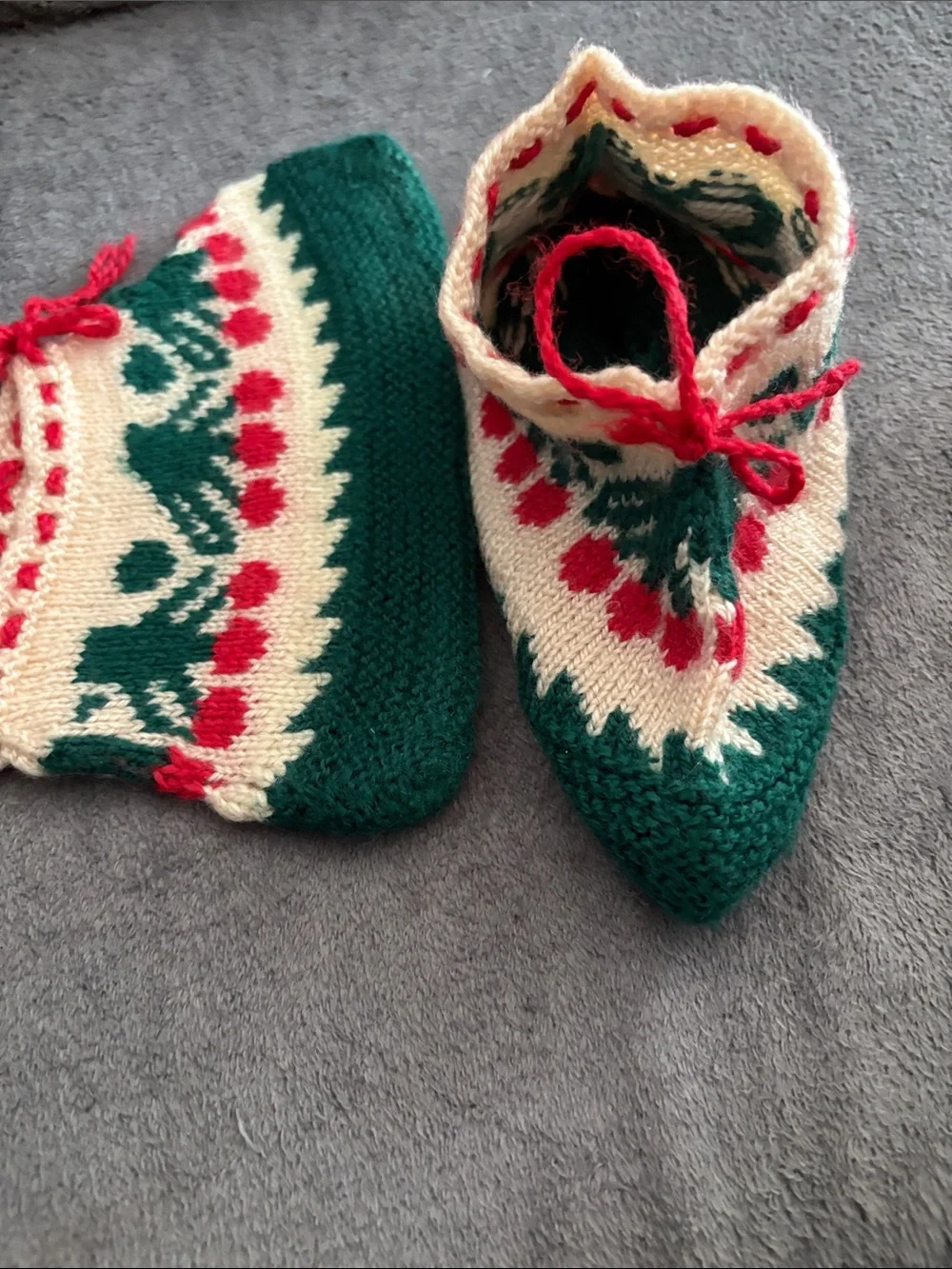 Hand-Knit Kids Slipper Sock in Green, Cream & Red handmade